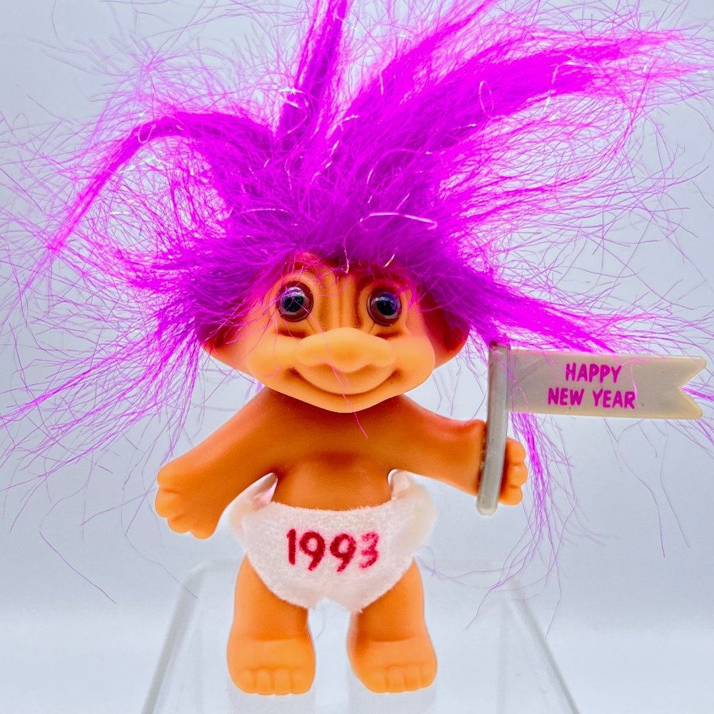 1993 Happy New Year Troll Doll With Purple Hair With Sparkles & Diaper